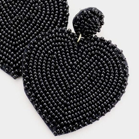 Seed Bead Heart Black Dangle Earrings - Picture 2 of 6